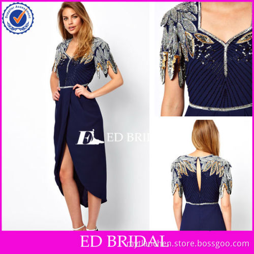 Fashion Dress Royal Blue Heavy Beaded Keyhole Short Front Long Back Cocktail Dress Sleeves